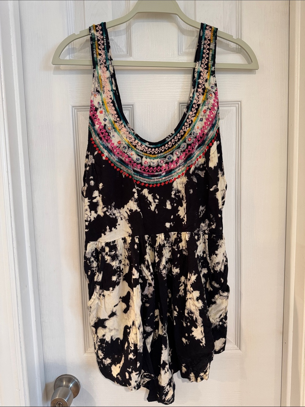 Billabong Black & White Tie-Dye Romper with Multicolor Embroidered Neckline